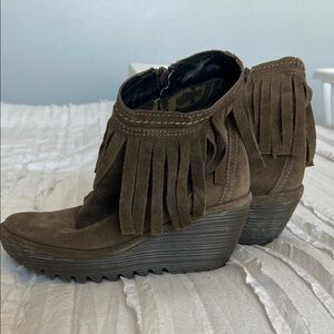 Fly London Fringe Suede Wedge Ankle Boots - Dark Green/Brown